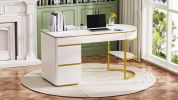 60''Modern Executive Desk,White Curved Computer Desk with Gold Metal Legs,3-Drawers Home Office Desk,Writing Desk with 1 Storage Cabinet for Home Offi
