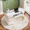 60''Modern Executive Desk,White Curved Computer Desk with Gold Metal Legs,3-Drawers Home Office Desk,Writing Desk with 1 Storage Cabinet for Home Offi