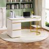 60''Modern Executive Desk,White Curved Computer Desk with Gold Metal Legs,3-Drawers Home Office Desk,Writing Desk with 1 Storage Cabinet for Home Offi