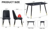 Table and chair set. Black sintered stone tabletop with black metal legs.black PU leather backrest and black metal leg chair. 1 table and 4 chairs F-0