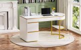 60''Modern Executive Desk,White Curved Computer Desk with Gold Metal Legs,3-Drawers Home Office Desk,Writing Desk with 1 Storage Cabinet for Home Offi